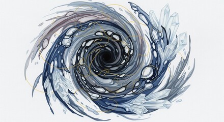 Fluid inward swirls converge around a central void to express emotional collapse, contrasted with golden reconnecting strands and soft textures for calm clarity.