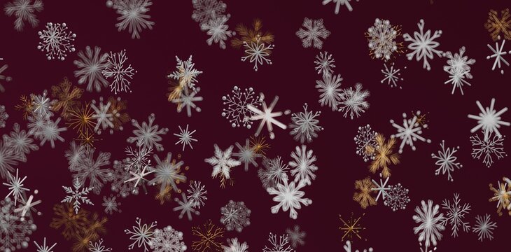 Abstract illustration of snowflake falling on maroon background, perfect for winter designs, holiday greetings and festive content.