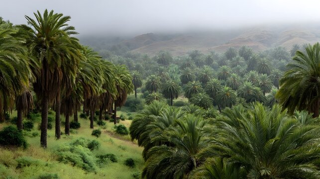 A vast palm tree plantation stretches across rolling hills shrouded in atmospheric fog creating a serene natural landscape - Powered by Adobe