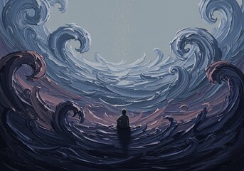 A lone figure beneath towering swirling paint waves captures spiraling anxiety, muted emotional tones, and fragile resilience with open copyspace above.