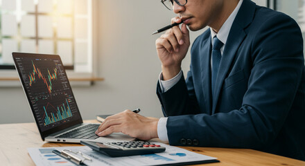 Focused businessman analyzing stock market charts on laptop, strategizing financial growth in modern office setting.