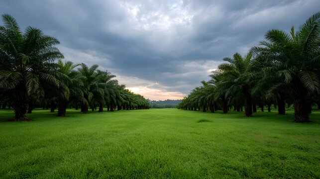Symmetrical rows of palm trees in a lush green field under a dramatic cloudy sunset sky - Powered by Adobe