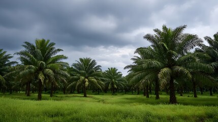 Expansive tropical palm plantation under a dramatic moody stormy sky