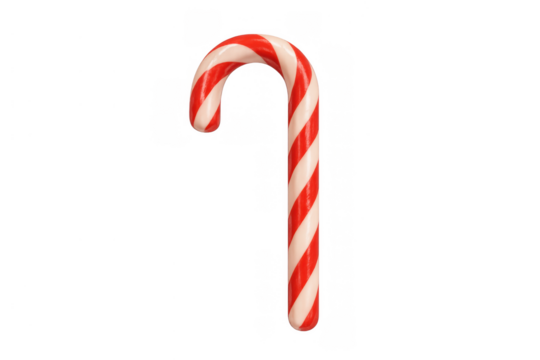 Candy cane with classic red and white stripes, representing holiday festive cheer and sweet seasonal treats, transparent background