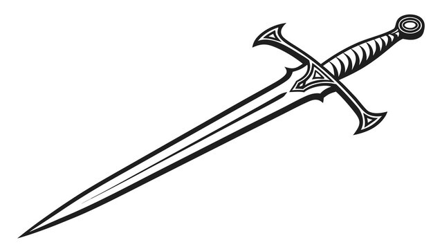 Illustration of a longsword with an ornate hilt and a sharp blade in black and white style