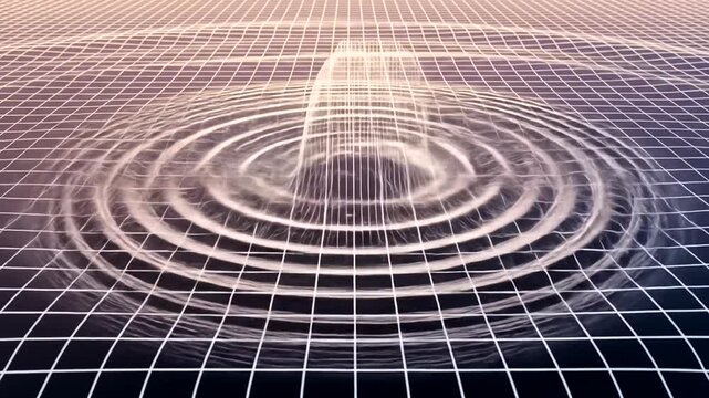 Abstract visualization of spacetime distortion and gravitational waves emanating from a central point.