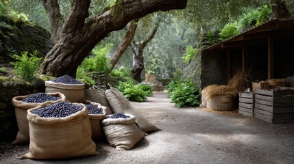 Black olives in jute bags and wooden boxes on the olive grove land, surrounded by old trees, green plants and stone walls.
