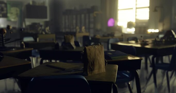 Desks arranged in a classroom are empty, creating a quiet atmosphere in the morning. Sunlight streams through the windows, highlighting various items on the desks.