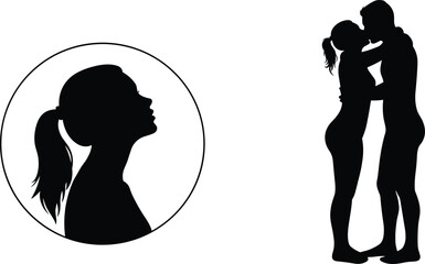 Silhouette couple, romantic embrace, forehead kiss, love illustration, relationship concept, intimacy moment, affectionate pose, people together, romance art, emotional connection