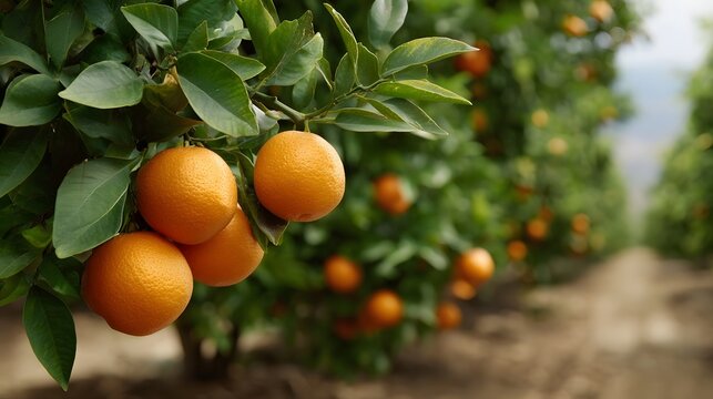 Close up of ripe vibrant oranges hanging from a leafy branch in a sunlit citrus grove showcasing abundance and freshness