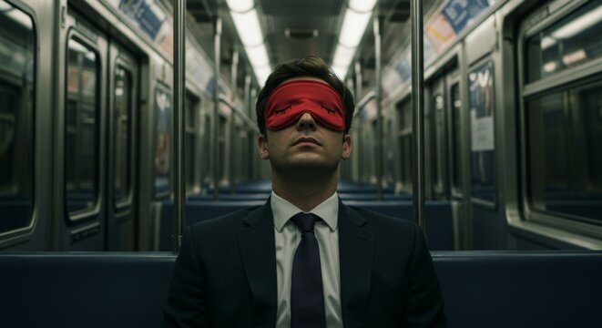 Man in suit wearing sleep mask in an empty subway