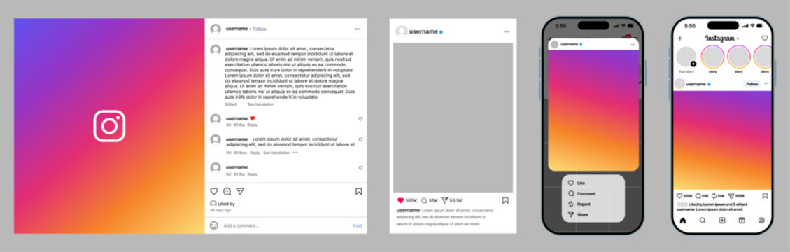 Instagram post layout on iPhone 17 Pro Max and desktop showing home feed like comment share save and share profile tools in a clean modern vector illustration