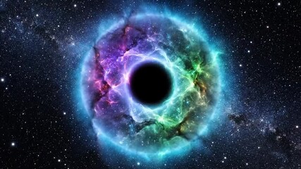 A cosmic eye in space featuring a black hole surrounded by colorful nebula and stars - Powered by Adobe