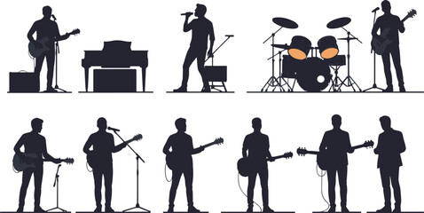 Silhouette musicians performing with instruments, live band illustration, guitarist drummer singer bassist pianist, concert performance, music group rehearsal, stage entertainment