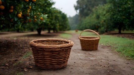 Two wicker baskets sit on a dirt path in an orange grove on a misty morning