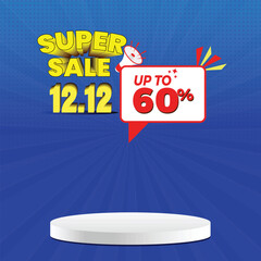 12.12 Super Sale Banner Up to 60% Offer End of Year Discount Template with Podium. Mid Month Shopping Day Illustration Template
with 3d text effect. Special Offer Coupon,