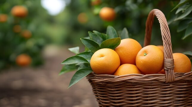A woven basket filled with fresh ripe oranges sits in a sunny citrus grove ready for harvest