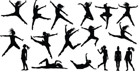 Silhouette, dancer, gymnastics, fitness, yoga, stretching, balance, choreography, performance, athletic, movement, flexibility, jumping, exercise, training, sport, body, pose, dance, motion