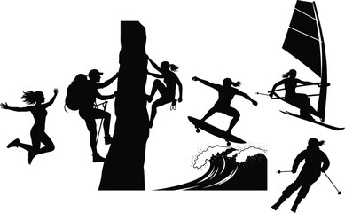 Silhouette, extreme sports, outdoor adventure, rock climbing, skateboarding, windsurfing, skiing, surfing wave, athletic movement, fitness, action, balance, performance, recreation, lifestyle