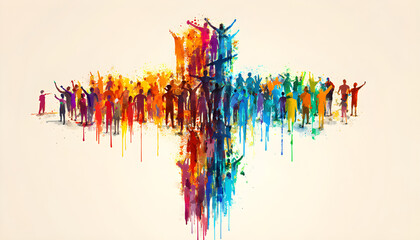 Diverse human figures form a colorful cross shape against a muted sky. This abstract art symbolizes unity, faith, community, and shared humanity in a vibrant, graphic style