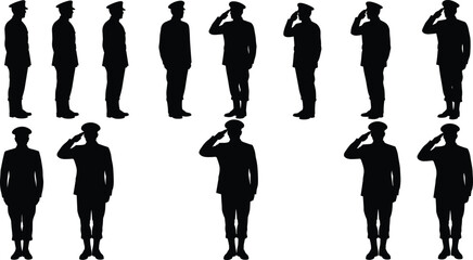 Silhouette, military, salute, soldiers, uniform, discipline, respect, formation, army, navy, airforce, defense, honor, teamwork, posture, gesture, ceremony, authority, service, illustration
