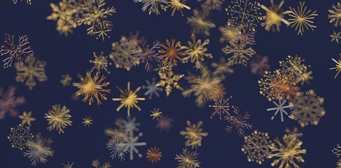 Festive abstract illustration of golden snowflakes on a dark blue background. Perfect for Christmas, winter, and holiday designs. Ide