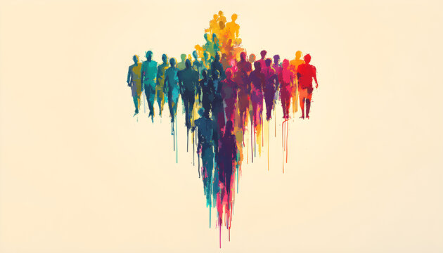 Diverse human figures form a colorful cross shape against a muted sky. This abstract art symbolizes unity, faith, community, and shared humanity in a vibrant, graphic style