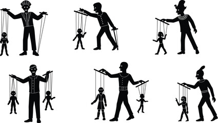 Silhouette, puppet master, control, manipulation, dominance, authority, influence, marionette, strings, hierarchy, power, psychology, society, metaphor, puppetry,