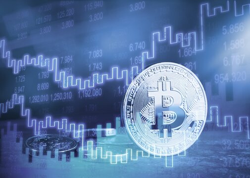 Bitcoin Cryptocurrency coins with trending chart - Powered by Adobe