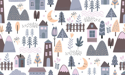 Pastel Village Vector Seamless Pattern Design  © Bhonard21