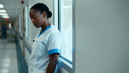 Stressed Black nurse taking a moment in a hospital hallway. Exhausted healthcare worker experiencing burnout. Medical professional showing faith and contemplation with copy space