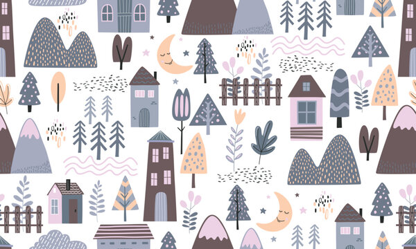 Fototapeta Pastel Village Vector Seamless Pattern Design 