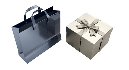A dark shopping bag and a gift box with ribbon, isolated on transparent background