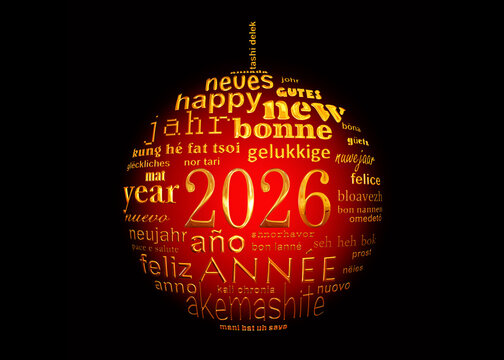 2026 new year multilingual text word cloud greeting card in the shape of a christmas ball, golden and red on black backgrouns