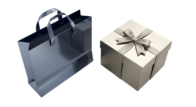 A dark shopping bag and a gift box with ribbon, isolated on transparent background
