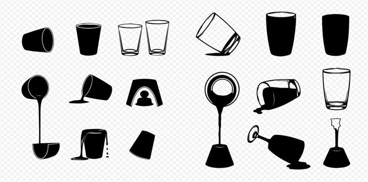 A collection of various glass and cup illustrations, some upright, some spilled, and some empty.