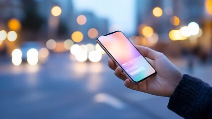 Hand holding smartphone urban street night lights bokeh connectivity digital communication - Powered by Adobe