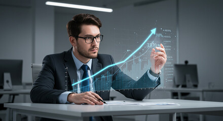 Ambitious businessman analyzing futuristic financial growth chart with holographic data and upward trend arrow in modern office setting