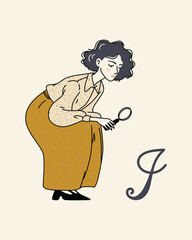 Girl with a magnifying glass searches for the word "I," a concept of self-discovery and one's place in life. Vector illustration, isolated on light yellow, for metaphorical associative cards.