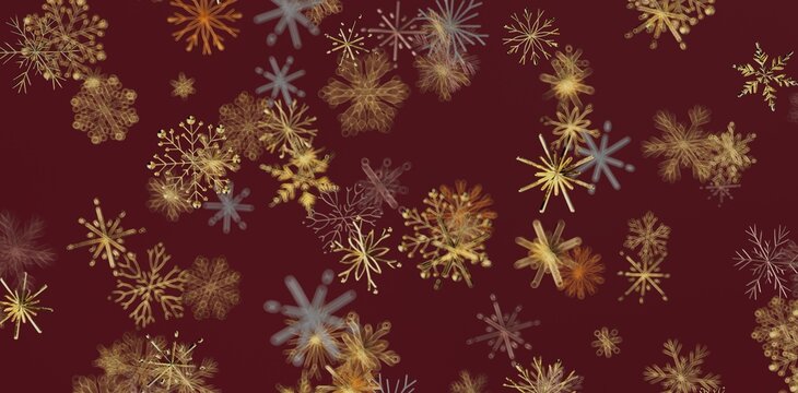 Artistic winter snowflake pattern with gold and grey tones over a deep burgundy background for festive design usage. Great for Christ