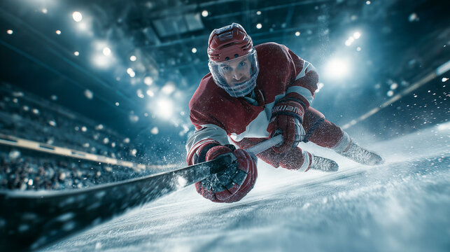Ice hockey forward in red jersey performing intense hard stop on ice, dynamic action, dramatic lighting, competitive atmosphere, winter sport, determination