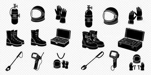 A collection of equipment, including a diving suit, boots, and a case.