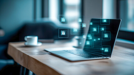 Modern workspace with clean desk, open laptop, digital security icons, soft cyan glow, and blurred background, conveying secure and minimal corporate environment