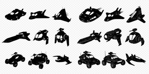 A collection of futuristic vehicle silhouettes, including cars and aircraft, in a dark, stylized design.