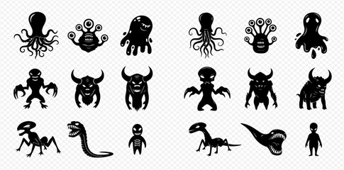 Obraz premium A collection of monster silhouettes, including aliens, demons, and creatures.