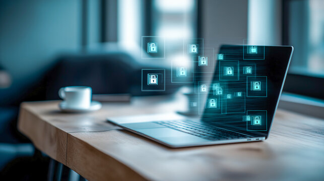 Modern workspace with clean desk, open laptop, digital security icons, soft cyan glow, and blurred background, conveying secure and minimal corporate environment