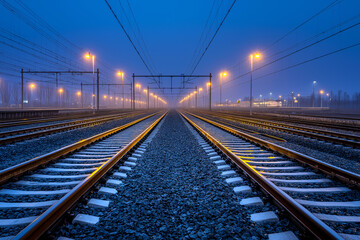 Fototapeta premium Railway track illuminated by streetlights at blue hour, misty atmosphere, symmetrical perspective, gravel bed, electric lines, calm and tranquil mood, industrial landscape