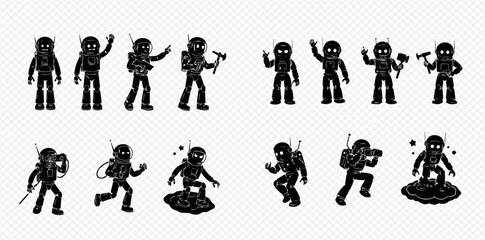 Silhouetted astronauts in various poses, including waving, running, and standing on a surface.