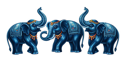 Three Blue Elephants with Elaborate Necklaces and Headpieces on decorative isolated on a transparent background
