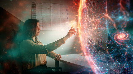 Scientist interacting with cosmic data sphere in futuristic workspace